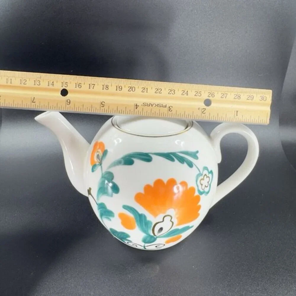 Anthropologie Stoneware‎ Ceramic Teapot Carafe Tea Pot With Green Orange Flowers
